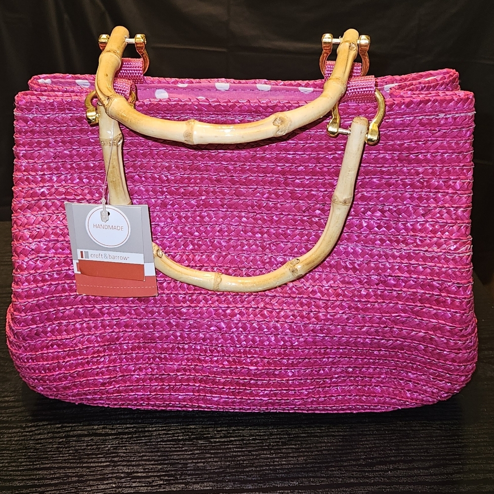 Croft & Barrow Fuschia Straw Purse with Bamboo Handles